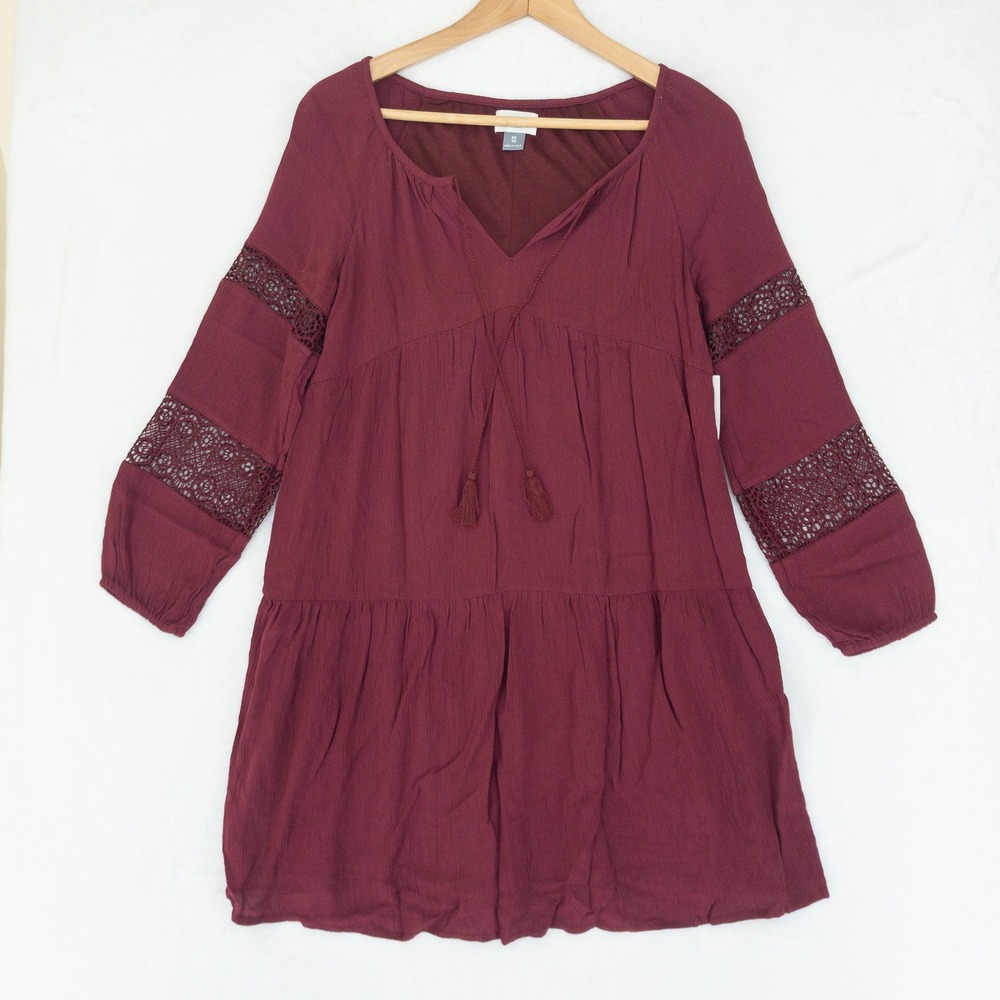 Old Navy Tiered Mini Dress Womens‎ XS Burgundy Red Boho Empire Waist Tassel New